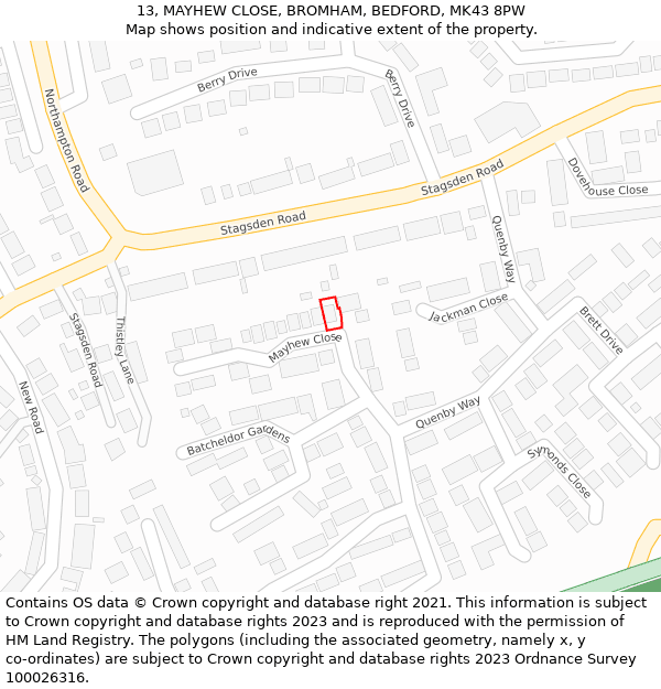 13, MAYHEW CLOSE, BROMHAM, BEDFORD, MK43 8PW: Location map and indicative extent of plot