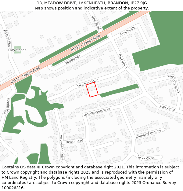 13, MEADOW DRIVE, LAKENHEATH, BRANDON, IP27 9JG: Location map and indicative extent of plot