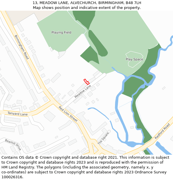 13, MEADOW LANE, ALVECHURCH, BIRMINGHAM, B48 7LH: Location map and indicative extent of plot