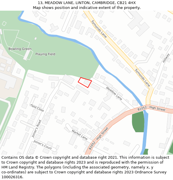 13, MEADOW LANE, LINTON, CAMBRIDGE, CB21 4HX: Location map and indicative extent of plot