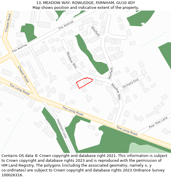 13, MEADOW WAY, ROWLEDGE, FARNHAM, GU10 4DY: Location map and indicative extent of plot