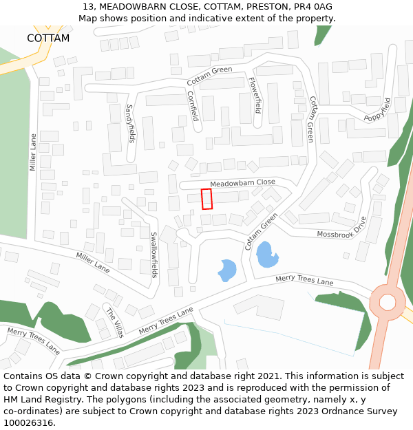 13, MEADOWBARN CLOSE, COTTAM, PRESTON, PR4 0AG: Location map and indicative extent of plot