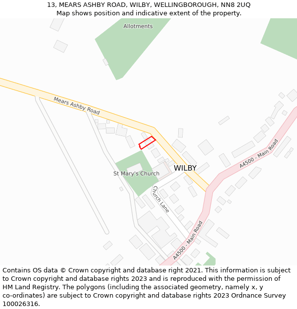 13, MEARS ASHBY ROAD, WILBY, WELLINGBOROUGH, NN8 2UQ: Location map and indicative extent of plot