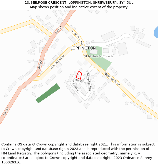 13, MELROSE CRESCENT, LOPPINGTON, SHREWSBURY, SY4 5UL: Location map and indicative extent of plot