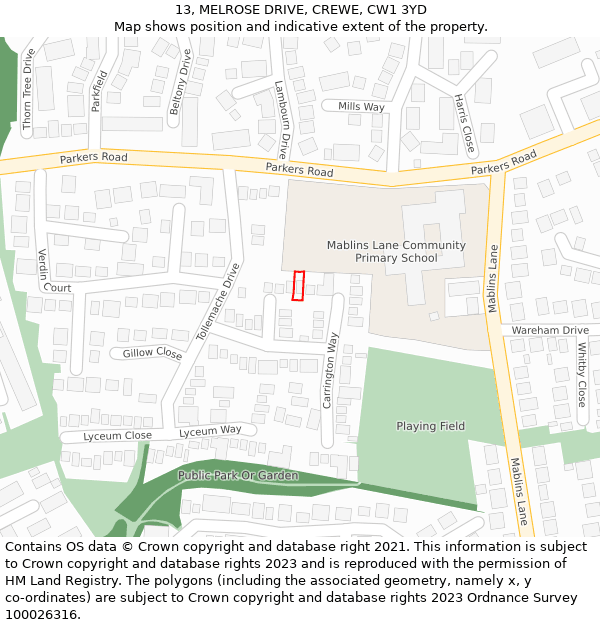 13, MELROSE DRIVE, CREWE, CW1 3YD: Location map and indicative extent of plot