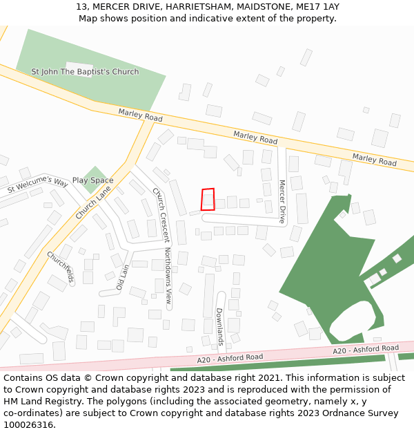 13, MERCER DRIVE, HARRIETSHAM, MAIDSTONE, ME17 1AY: Location map and indicative extent of plot