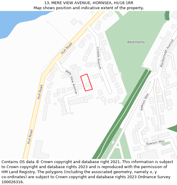 13, MERE VIEW AVENUE, HORNSEA, HU18 1RR: Location map and indicative extent of plot