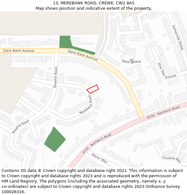 13, MEREBANK ROAD, CREWE, CW2 8AS: Location map and indicative extent of plot