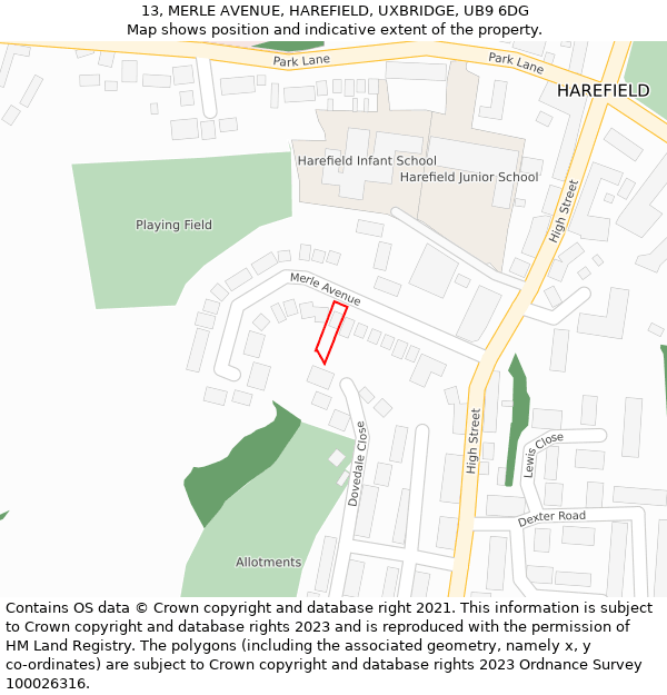 13, MERLE AVENUE, HAREFIELD, UXBRIDGE, UB9 6DG: Location map and indicative extent of plot
