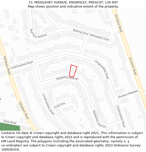 13, MIDDLEHEY AVENUE, KNOWSLEY, PRESCOT, L34 0HY: Location map and indicative extent of plot