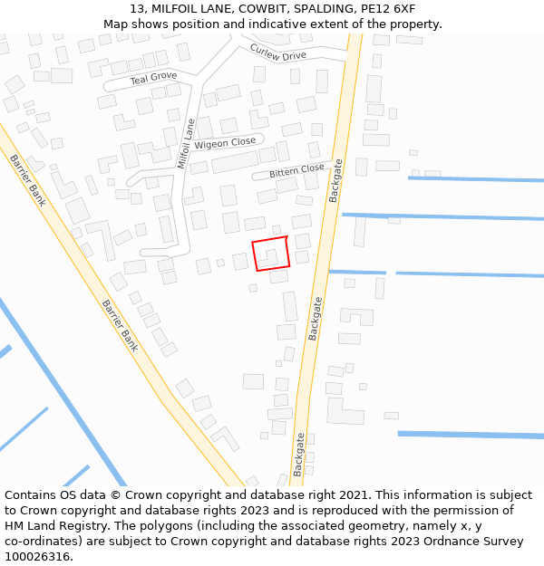 13, MILFOIL LANE, COWBIT, SPALDING, PE12 6XF: Location map and indicative extent of plot