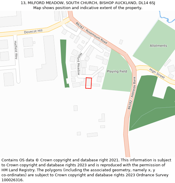 13, MILFORD MEADOW, SOUTH CHURCH, BISHOP AUCKLAND, DL14 6SJ: Location map and indicative extent of plot
