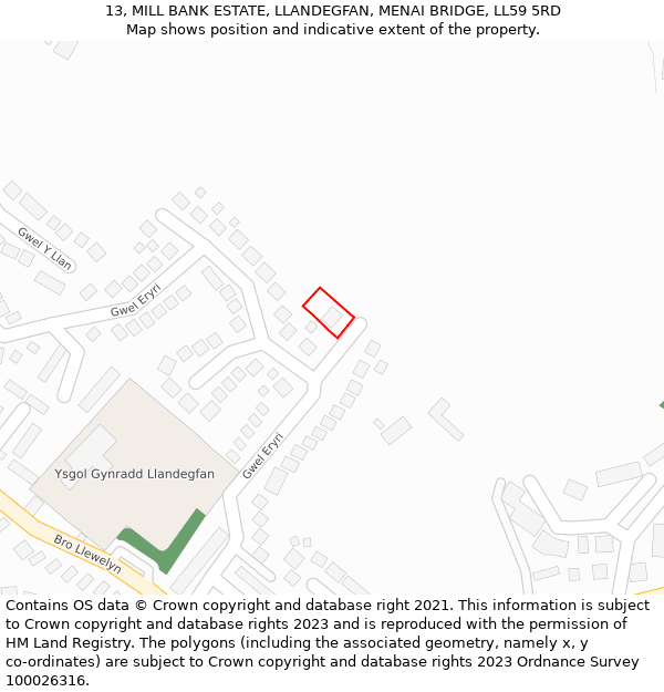 13, MILL BANK ESTATE, LLANDEGFAN, MENAI BRIDGE, LL59 5RD: Location map and indicative extent of plot