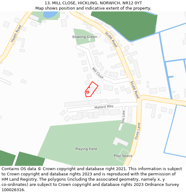 13, MILL CLOSE, HICKLING, NORWICH, NR12 0YT: Location map and indicative extent of plot