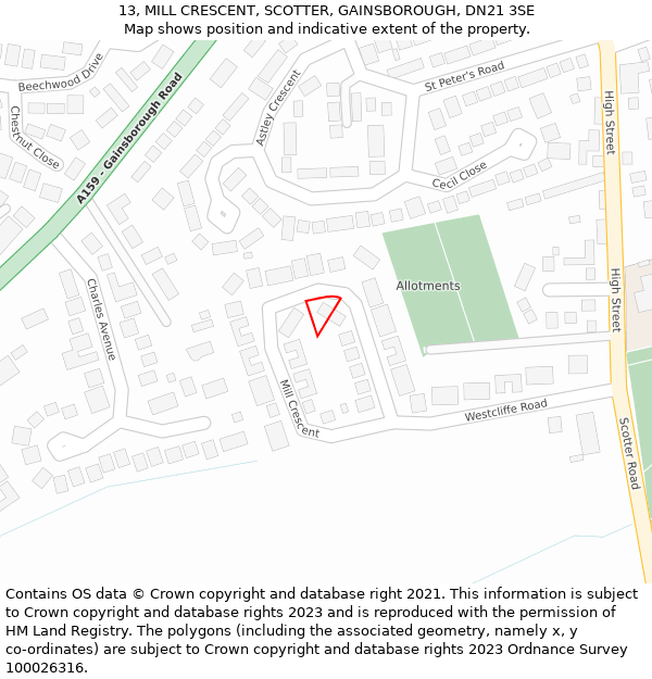 13, MILL CRESCENT, SCOTTER, GAINSBOROUGH, DN21 3SE: Location map and indicative extent of plot