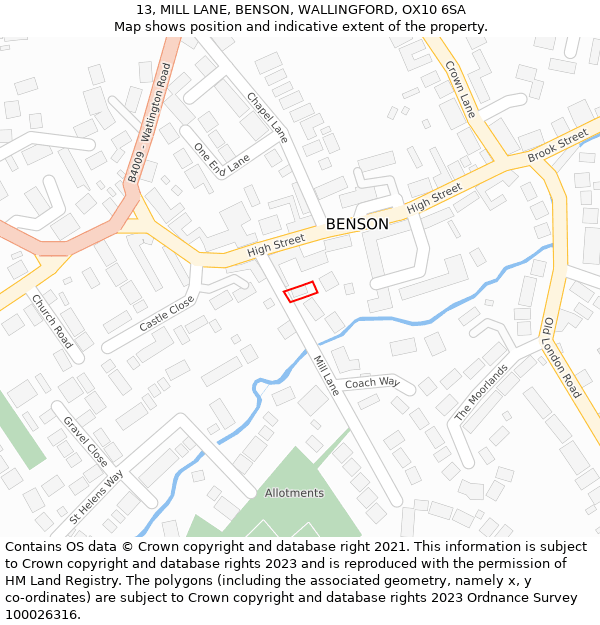 13, MILL LANE, BENSON, WALLINGFORD, OX10 6SA: Location map and indicative extent of plot