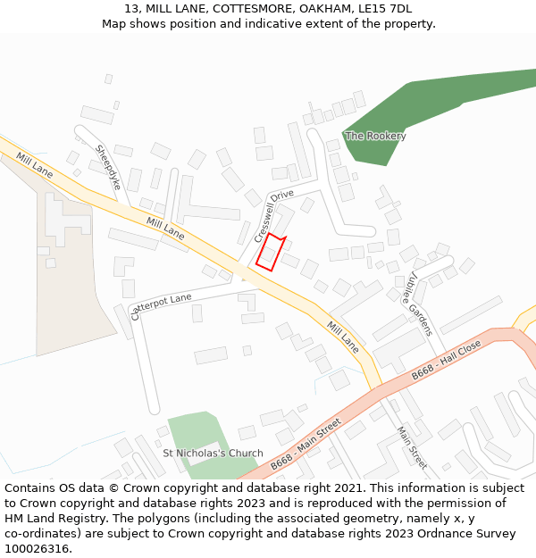 13, MILL LANE, COTTESMORE, OAKHAM, LE15 7DL: Location map and indicative extent of plot