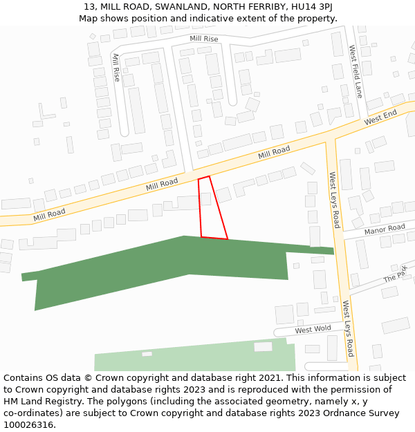 13, MILL ROAD, SWANLAND, NORTH FERRIBY, HU14 3PJ: Location map and indicative extent of plot