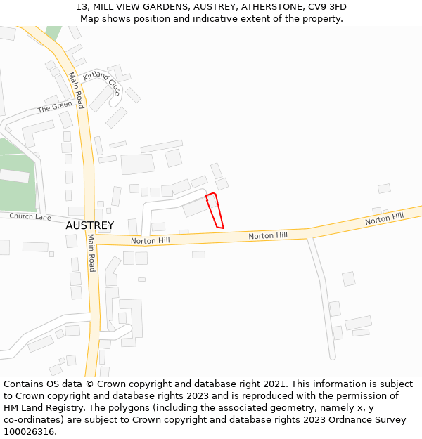 13, MILL VIEW GARDENS, AUSTREY, ATHERSTONE, CV9 3FD: Location map and indicative extent of plot