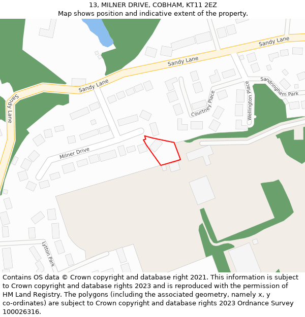 13, MILNER DRIVE, COBHAM, KT11 2EZ: Location map and indicative extent of plot