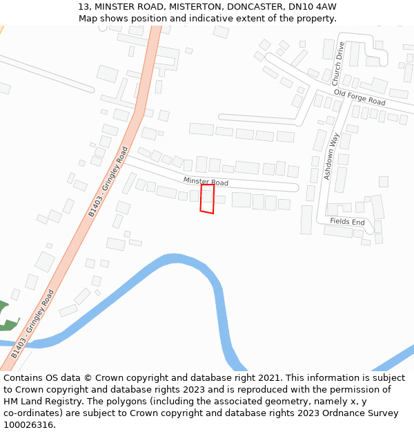 13, MINSTER ROAD, MISTERTON, DONCASTER, DN10 4AW: Location map and indicative extent of plot