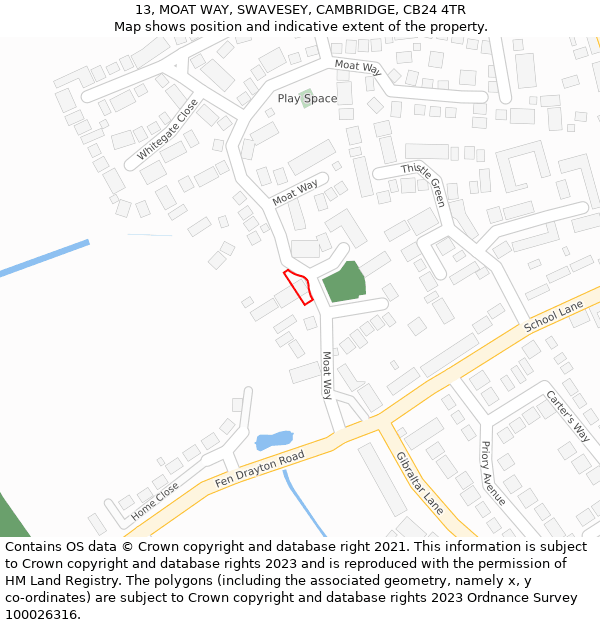 13, MOAT WAY, SWAVESEY, CAMBRIDGE, CB24 4TR: Location map and indicative extent of plot