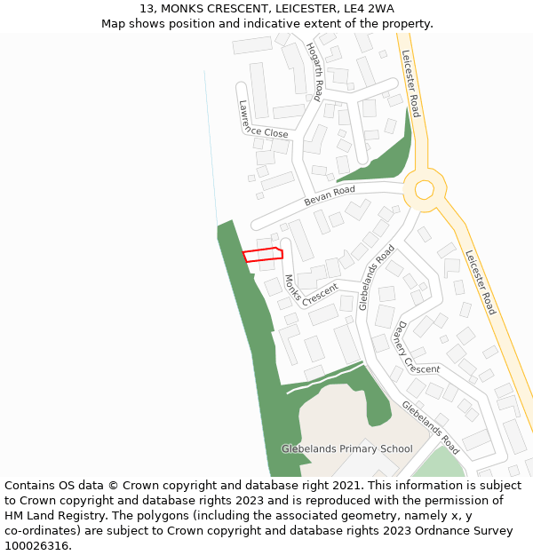 13, MONKS CRESCENT, LEICESTER, LE4 2WA: Location map and indicative extent of plot