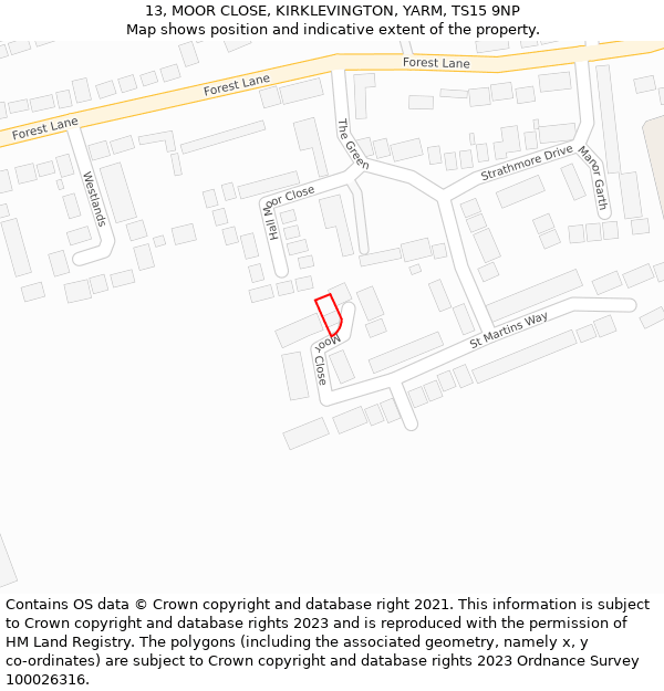 13, MOOR CLOSE, KIRKLEVINGTON, YARM, TS15 9NP: Location map and indicative extent of plot