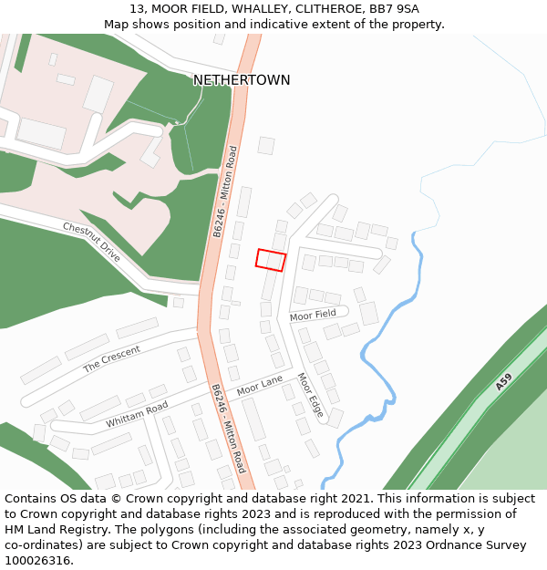 13, MOOR FIELD, WHALLEY, CLITHEROE, BB7 9SA: Location map and indicative extent of plot
