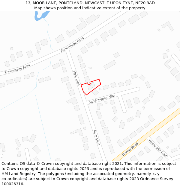 13, MOOR LANE, PONTELAND, NEWCASTLE UPON TYNE, NE20 9AD: Location map and indicative extent of plot