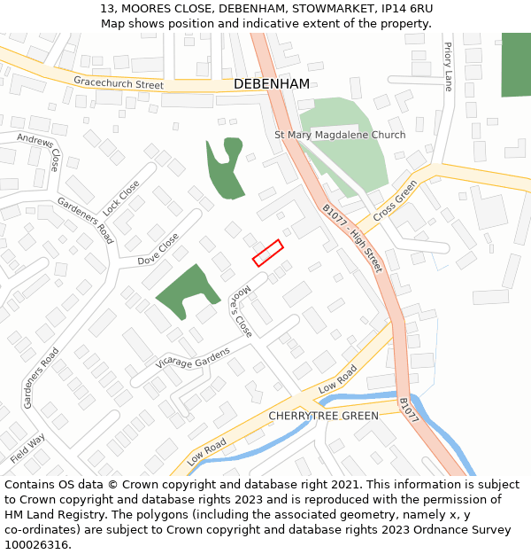 13, MOORES CLOSE, DEBENHAM, STOWMARKET, IP14 6RU: Location map and indicative extent of plot