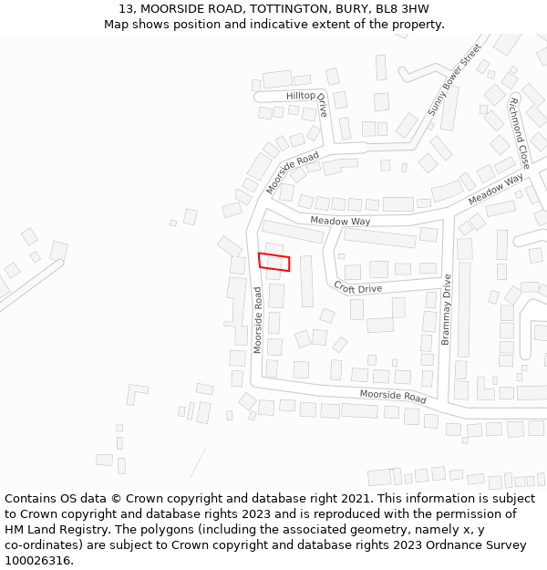 13, MOORSIDE ROAD, TOTTINGTON, BURY, BL8 3HW: Location map and indicative extent of plot