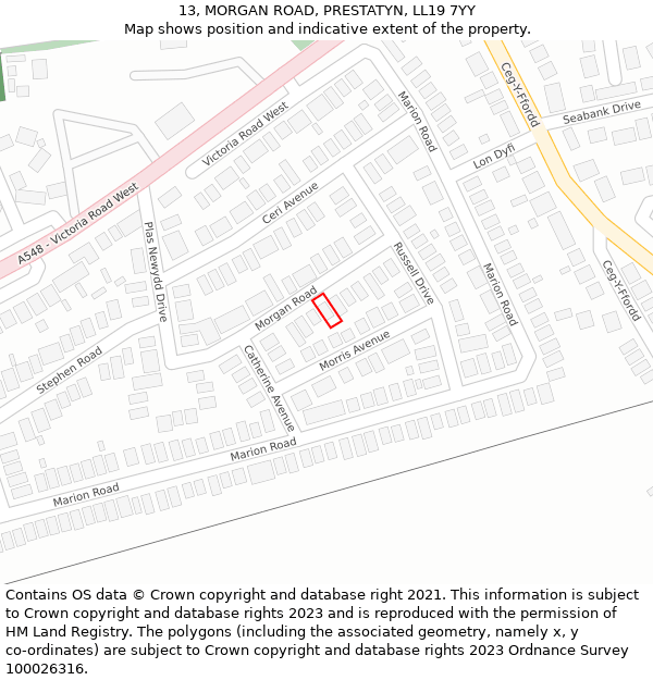 13, MORGAN ROAD, PRESTATYN, LL19 7YY: Location map and indicative extent of plot