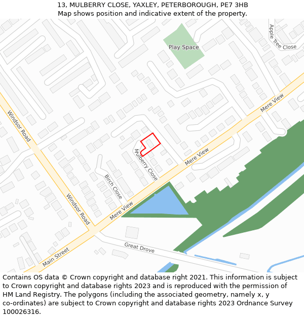 13, MULBERRY CLOSE, YAXLEY, PETERBOROUGH, PE7 3HB: Location map and indicative extent of plot