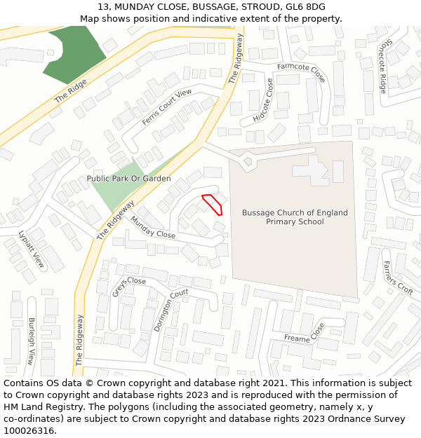 13, MUNDAY CLOSE, BUSSAGE, STROUD, GL6 8DG: Location map and indicative extent of plot