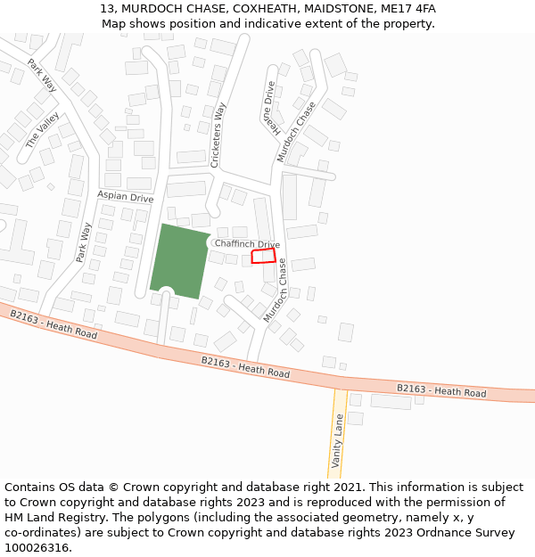 13, MURDOCH CHASE, COXHEATH, MAIDSTONE, ME17 4FA: Location map and indicative extent of plot