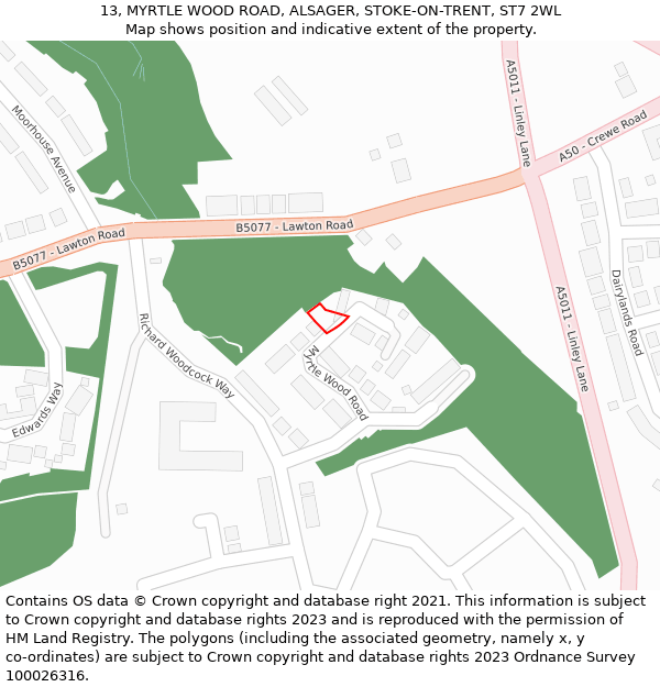 13, MYRTLE WOOD ROAD, ALSAGER, STOKE-ON-TRENT, ST7 2WL: Location map and indicative extent of plot