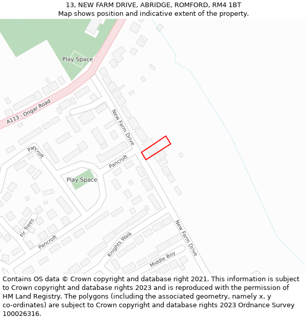 13, NEW FARM DRIVE, ABRIDGE, ROMFORD, RM4 1BT: Location map and indicative extent of plot