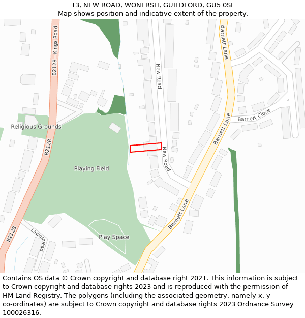 13, NEW ROAD, WONERSH, GUILDFORD, GU5 0SF: Location map and indicative extent of plot