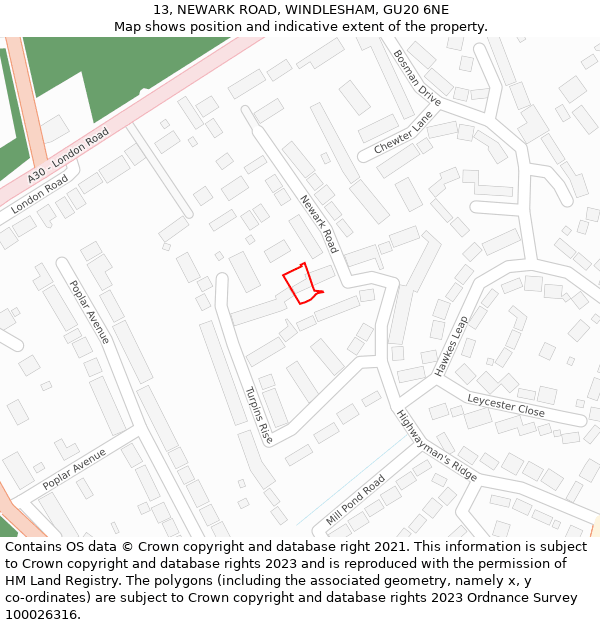 13, NEWARK ROAD, WINDLESHAM, GU20 6NE: Location map and indicative extent of plot