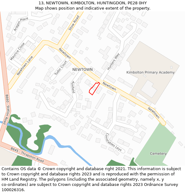 13, NEWTOWN, KIMBOLTON, HUNTINGDON, PE28 0HY: Location map and indicative extent of plot