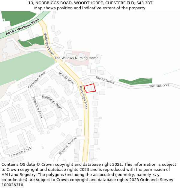 13, NORBRIGGS ROAD, WOODTHORPE, CHESTERFIELD, S43 3BT: Location map and indicative extent of plot