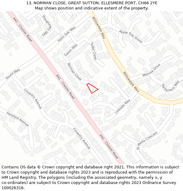 13, NORMAN CLOSE, GREAT SUTTON, ELLESMERE PORT, CH66 2YE: Location map and indicative extent of plot