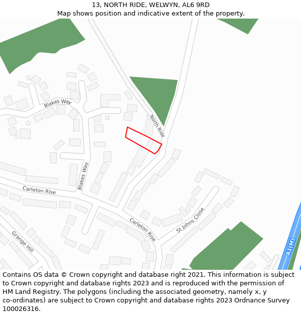 13, NORTH RIDE, WELWYN, AL6 9RD: Location map and indicative extent of plot