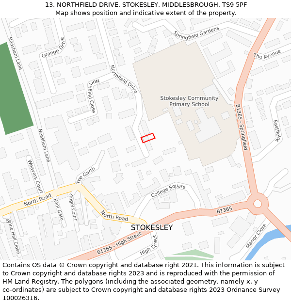 13, NORTHFIELD DRIVE, STOKESLEY, MIDDLESBROUGH, TS9 5PF: Location map and indicative extent of plot