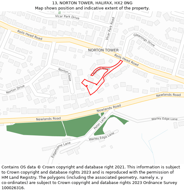 13, NORTON TOWER, HALIFAX, HX2 0NG: Location map and indicative extent of plot