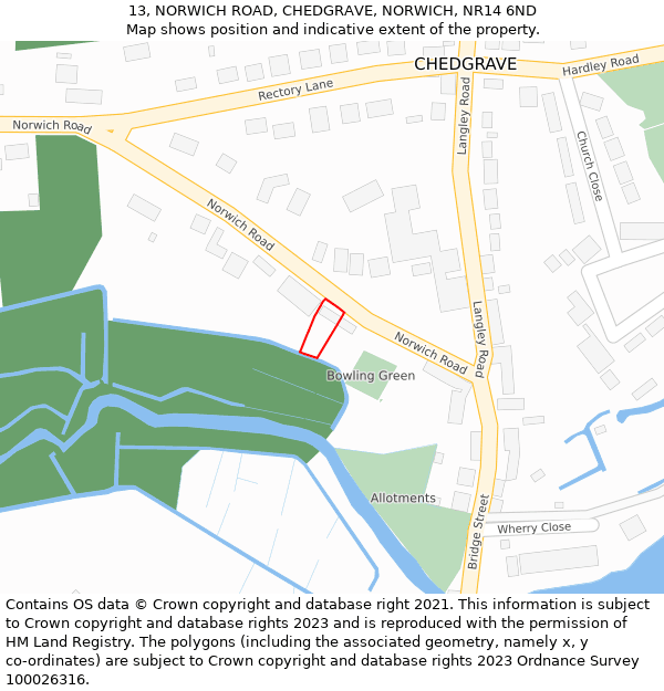 13, NORWICH ROAD, CHEDGRAVE, NORWICH, NR14 6ND: Location map and indicative extent of plot