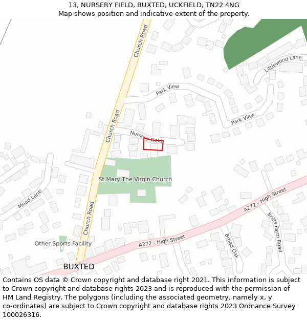 13, NURSERY FIELD, BUXTED, UCKFIELD, TN22 4NG: Location map and indicative extent of plot