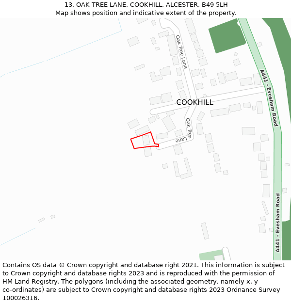 13, OAK TREE LANE, COOKHILL, ALCESTER, B49 5LH: Location map and indicative extent of plot