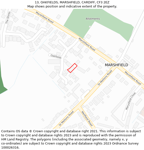 13, OAKFIELDS, MARSHFIELD, CARDIFF, CF3 2EZ: Location map and indicative extent of plot